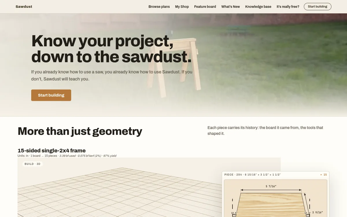 The Sawdust home page, showing a sawhorse build and a cut diagram
